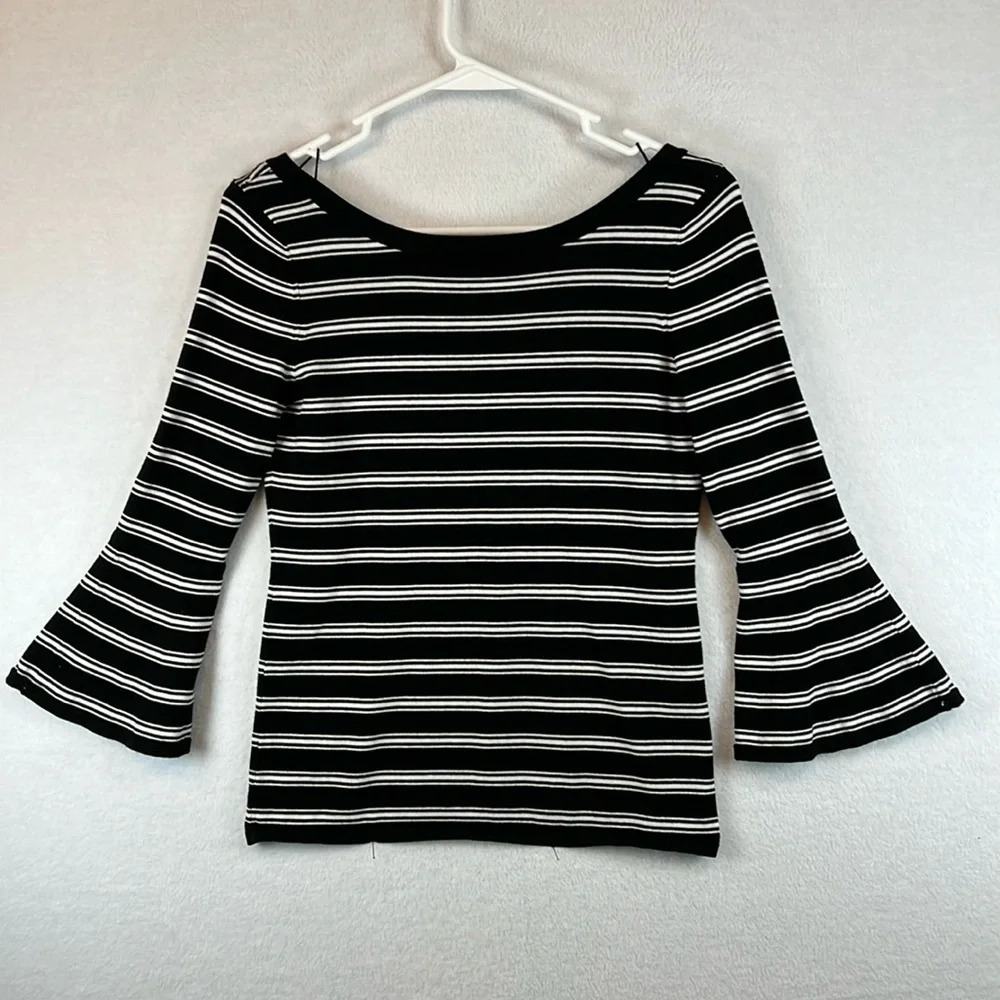 WHBM Top Black/White, Striped Bell Sleeve,  Women’s XSP